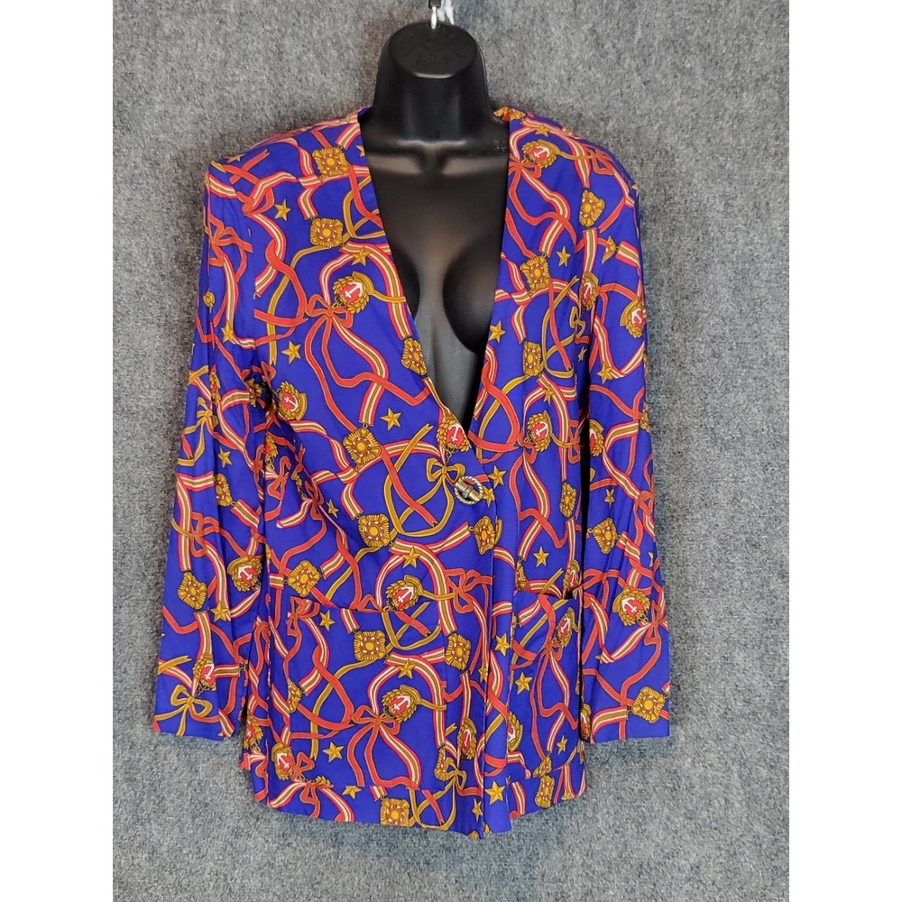 Vintage Ali Miles Royal Blue Novelty Print Blazer Size 8 Nautical Ribbon Anchor